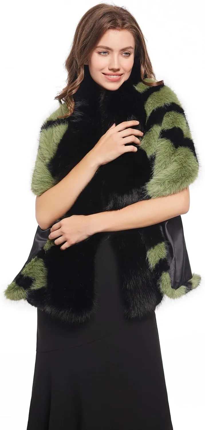 AMTFBY Women Animal Print Faux Fur Scarf Wrap Luxury Fur Collar Warmer Stoles Cloak Evening Cape for Wedding Bridal