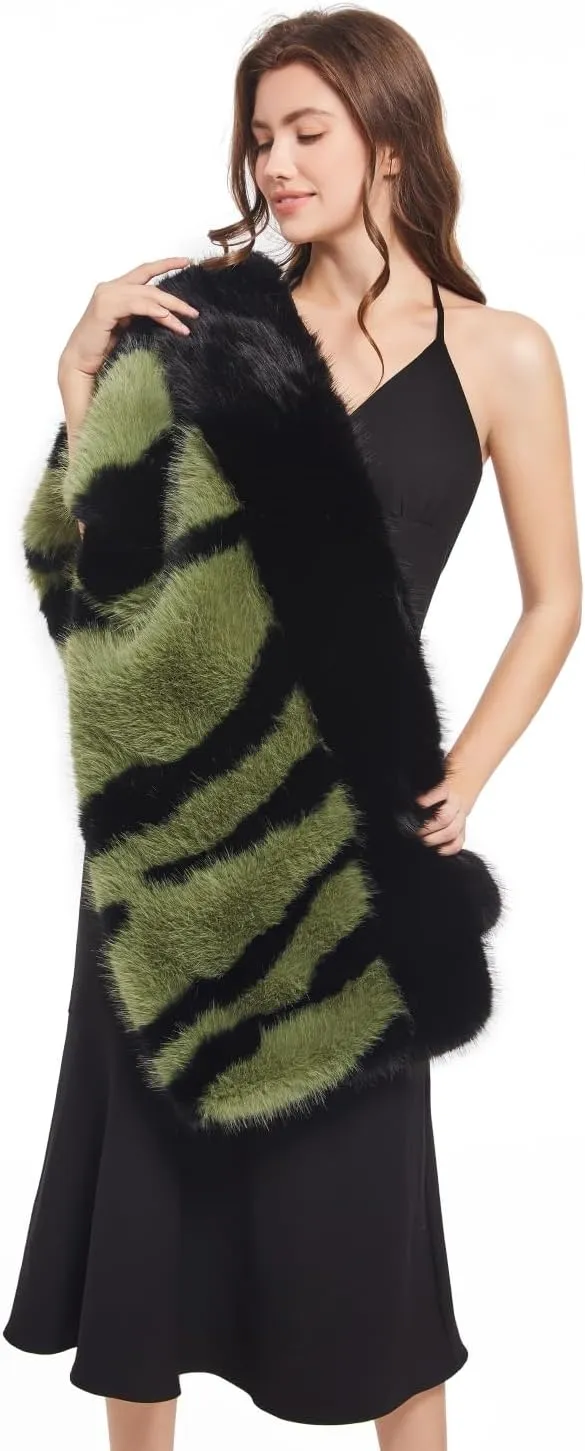 AMTFBY Women Animal Print Faux Fur Scarf Wrap Luxury Fur Collar Warmer Stoles Cloak Evening Cape for Wedding Bridal