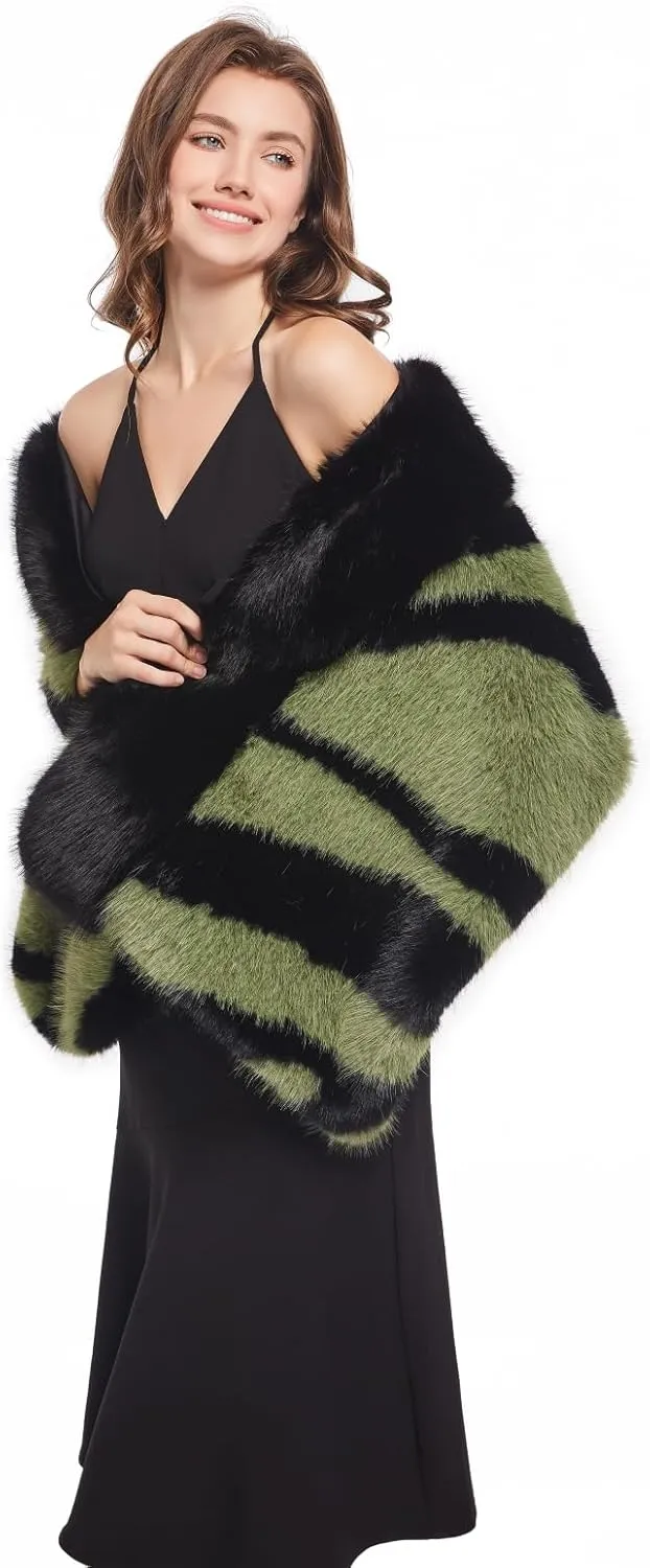 AMTFBY Women Animal Print Faux Fur Scarf Wrap Luxury Fur Collar Warmer Stoles Cloak Evening Cape for Wedding Bridal
