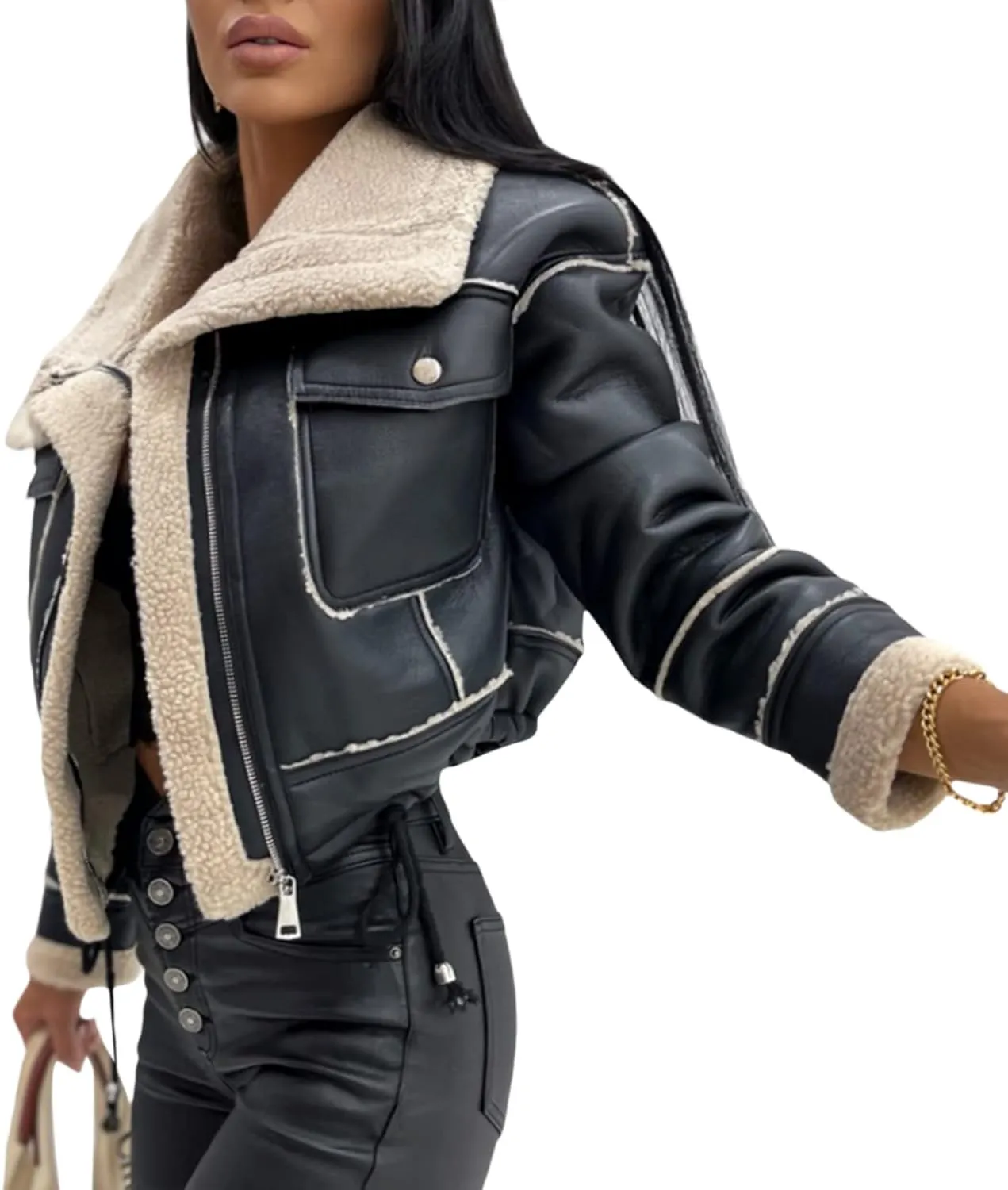 Aonoapll Women Faux Leather Sherpa Moto Jacket Lapel Fleece Lining Crop Leather Coat Y2k Shearling Bomber Jacket Streetwear