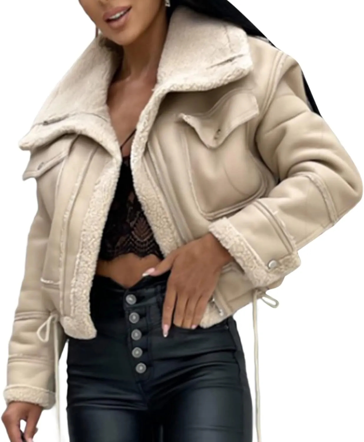 Aonoapll Women Faux Leather Sherpa Moto Jacket Lapel Fleece Lining Crop Leather Coat Y2k Shearling Bomber Jacket Streetwear