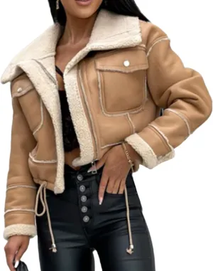 Aonoapll Women Faux Leather Sherpa Moto Jacket Lapel Fleece Lining Crop Leather Coat Y2k Shearling Bomber Jacket Streetwear