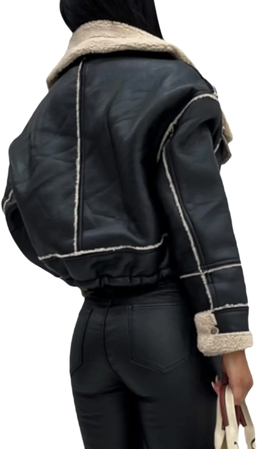 Aonoapll Women Faux Leather Sherpa Moto Jacket Lapel Fleece Lining Crop Leather Coat Y2k Shearling Bomber Jacket Streetwear