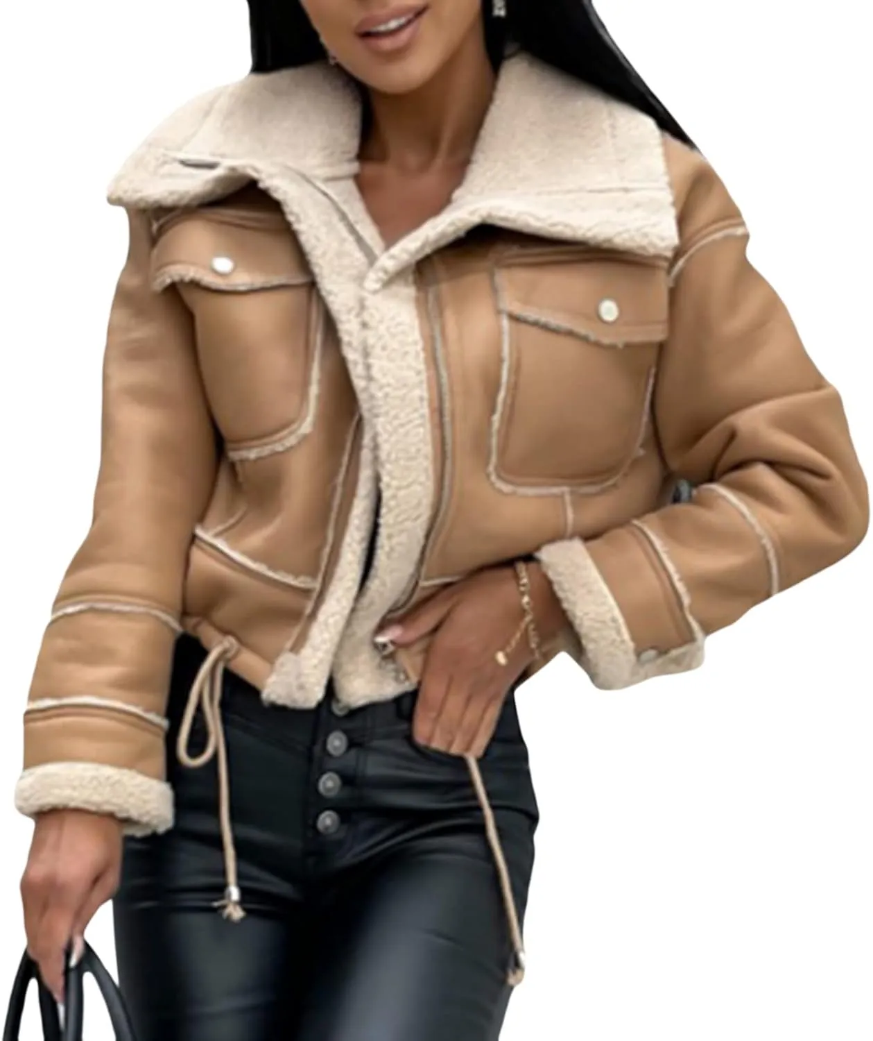 Aonoapll Women Faux Leather Sherpa Moto Jacket Lapel Fleece Lining Crop Leather Coat Y2k Shearling Bomber Jacket Streetwear