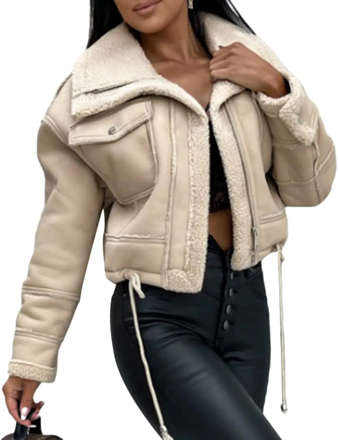 Aonoapll Women Faux Leather Sherpa Moto Jacket Lapel Fleece Lining Crop Leather Coat Y2k Shearling Bomber Jacket Streetwear