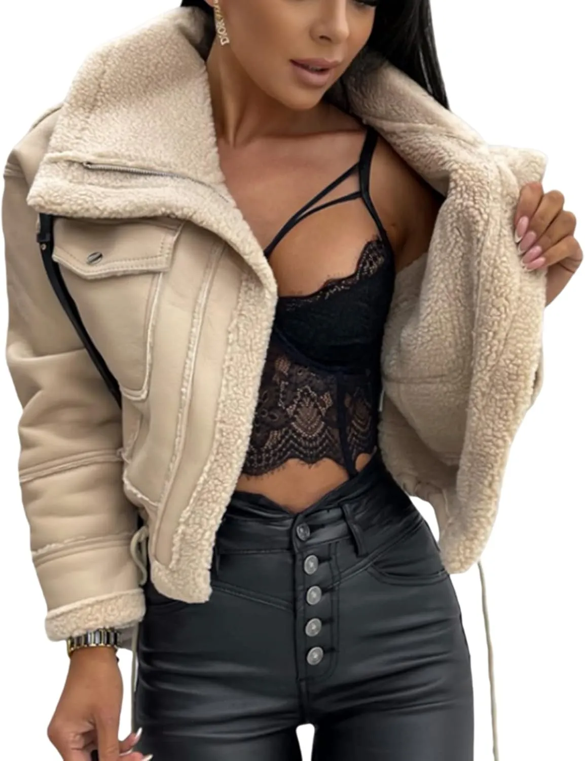 Aonoapll Women Faux Leather Sherpa Moto Jacket Lapel Fleece Lining Crop Leather Coat Y2k Shearling Bomber Jacket Streetwear