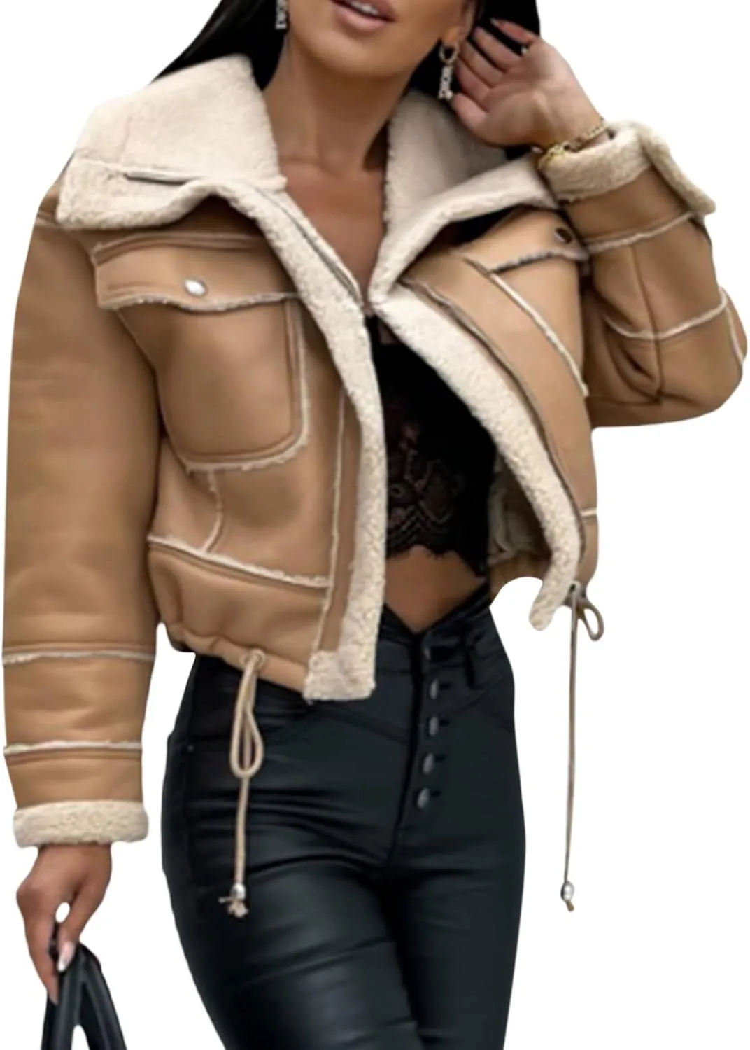 Aonoapll Women Faux Leather Sherpa Moto Jacket Lapel Fleece Lining Crop Leather Coat Y2k Shearling Bomber Jacket Streetwear
