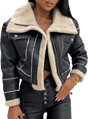 Aonoapll Women Faux Leather Sherpa Moto Jacket Lapel Fleece Lining Crop Leather Coat Y2k Shearling Bomber Jacket Streetwear
