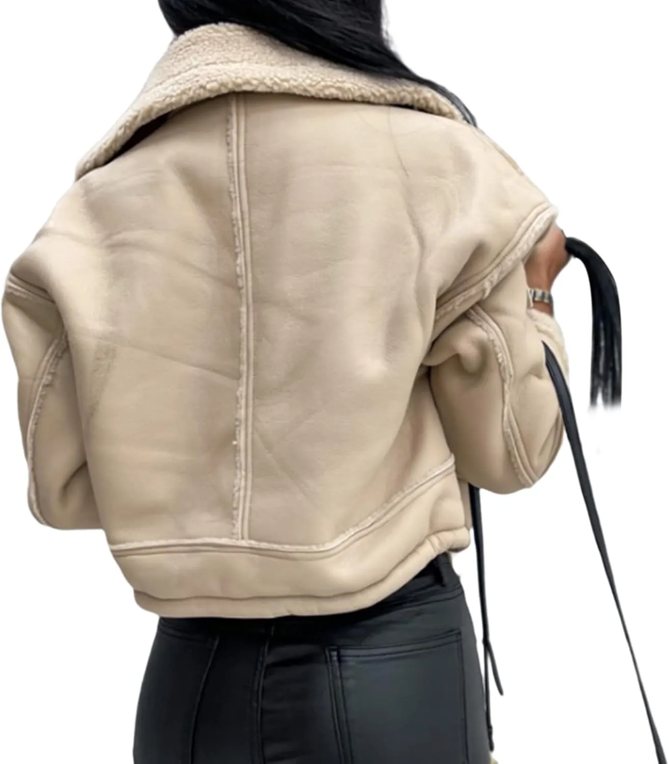 Aonoapll Women Faux Leather Sherpa Moto Jacket Lapel Fleece Lining Crop Leather Coat Y2k Shearling Bomber Jacket Streetwear