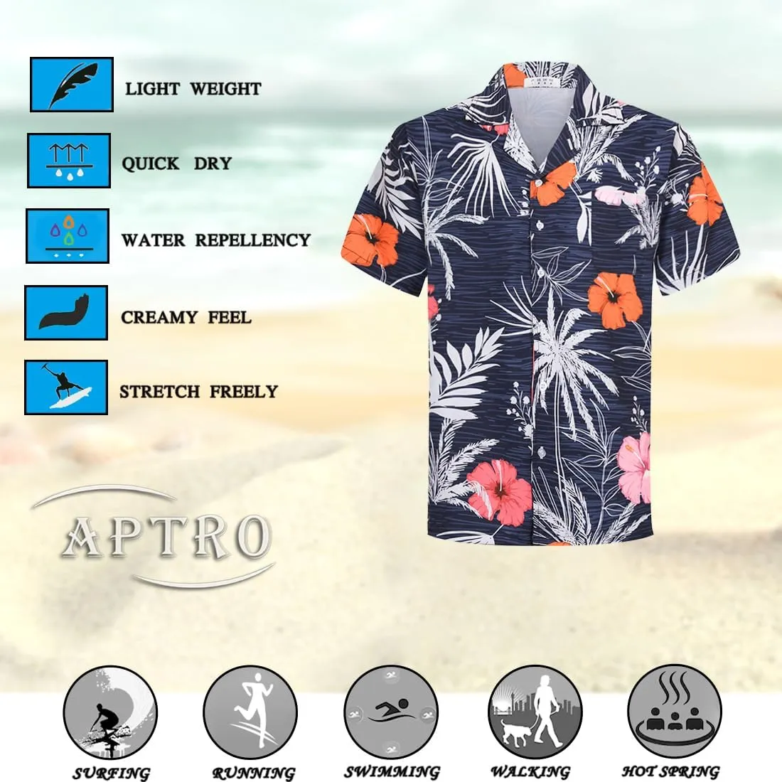 APTRO Men's Hawaiian Shirt Short Sleeve Tropical Vacation Button Down Beach Floral Palm Shirts