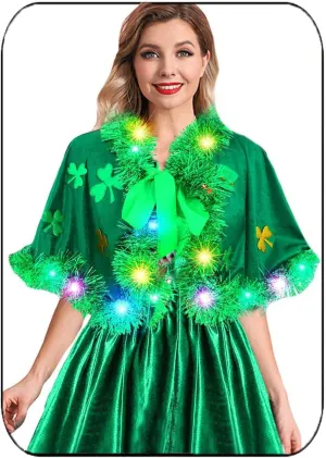 Aukmla Women Green St. Patrick's Day Cape Short Light Up Shamrocks Velvet Cloak LED Costume Rave Party Outfit Shawls Wraps