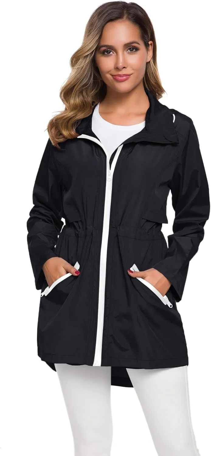 Avoogue Women's Long Raincoat with Hood Outdoor Lightweight Windbreaker Rain Jacket Waterproof