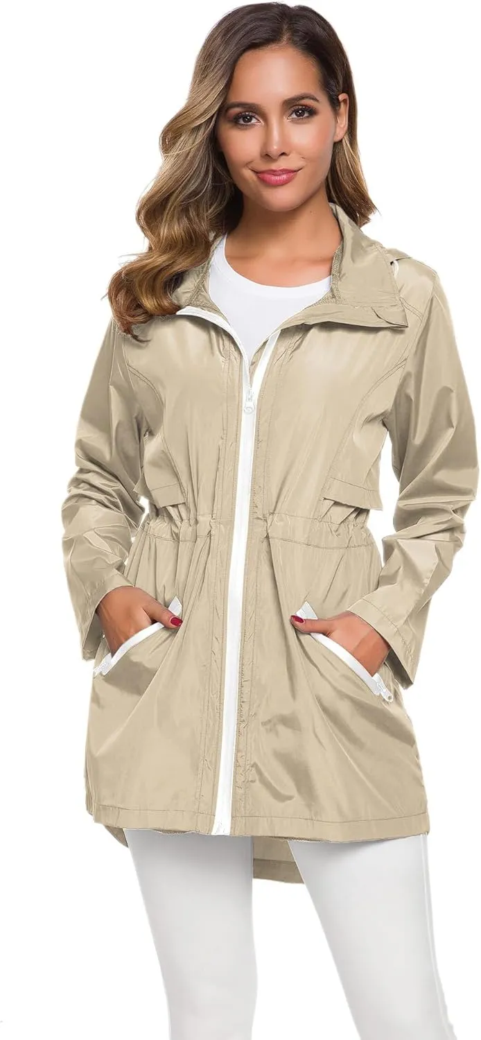 Avoogue Women's Long Raincoat with Hood Outdoor Lightweight Windbreaker Rain Jacket Waterproof