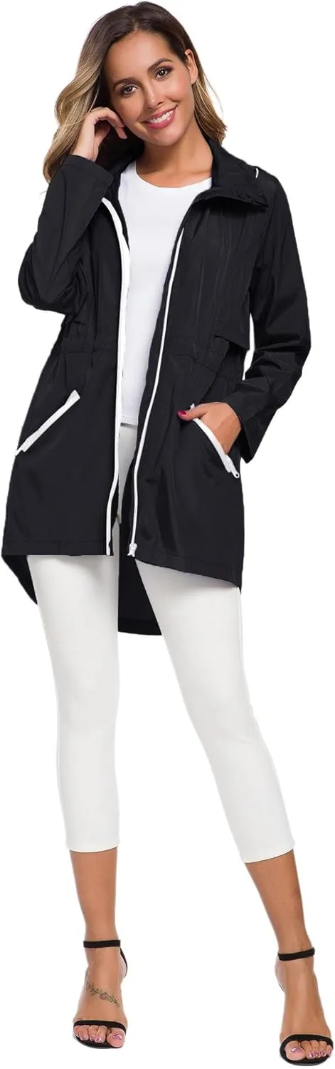 Avoogue Women's Long Raincoat with Hood Outdoor Lightweight Windbreaker Rain Jacket Waterproof