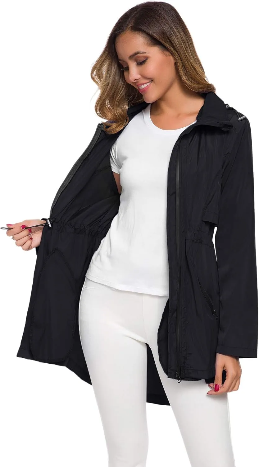 Avoogue Women's Long Raincoat with Hood Outdoor Lightweight Windbreaker Rain Jacket Waterproof