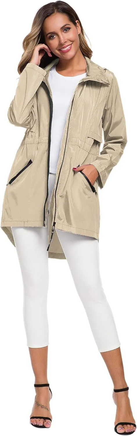 Avoogue Women's Long Raincoat with Hood Outdoor Lightweight Windbreaker Rain Jacket Waterproof