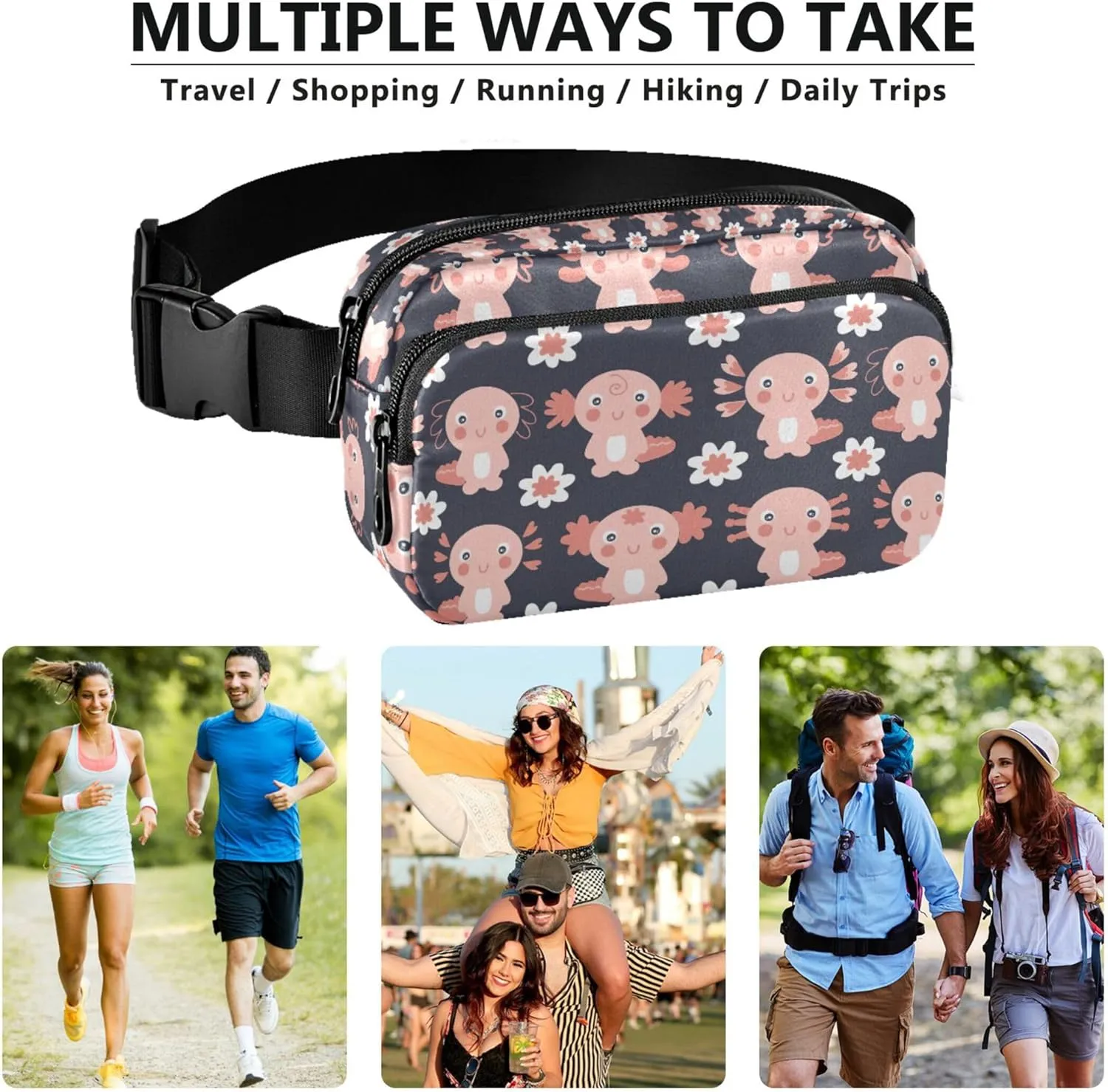 Axolotls Flowers Waterproof Women Fanny Packs Belt Bags Hip Pack Bright Color Waist Pack for Women