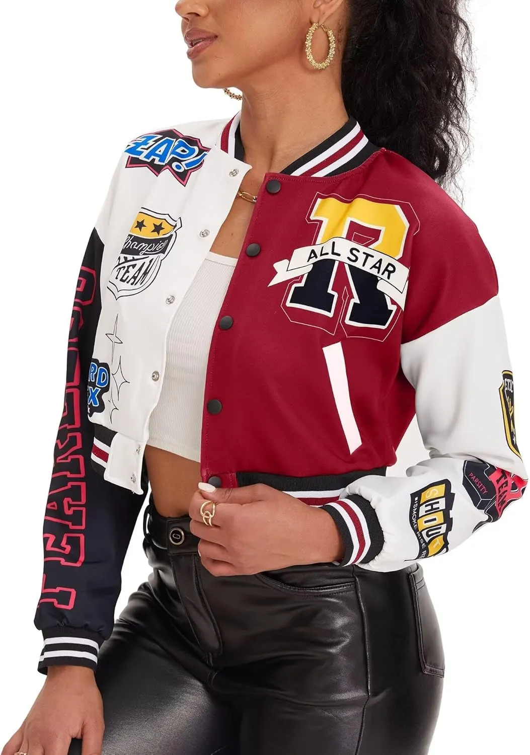 babyhealthy Womens Crop Varsity Jacket Stitched Leather Baseball Bomber Jacket Y2K Streetwear Short Coat