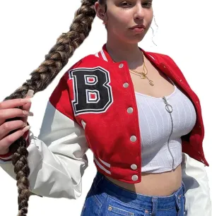 babyhealthy Womens Crop Varsity Jacket Stitched Leather Baseball Bomber Jacket Y2K Streetwear Short Coat