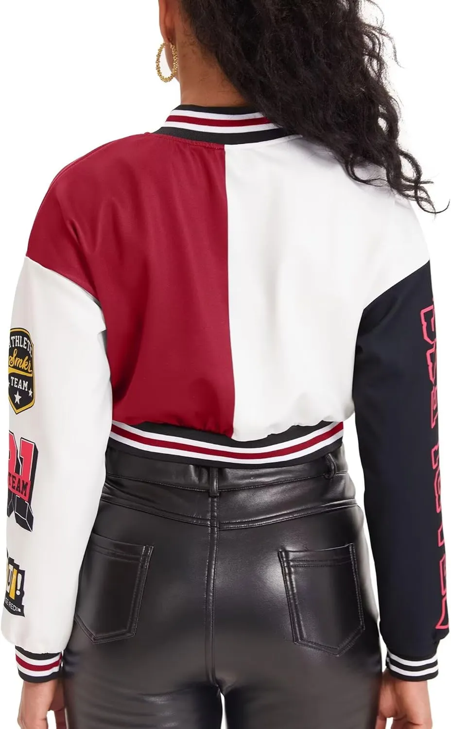 babyhealthy Womens Crop Varsity Jacket Stitched Leather Baseball Bomber Jacket Y2K Streetwear Short Coat