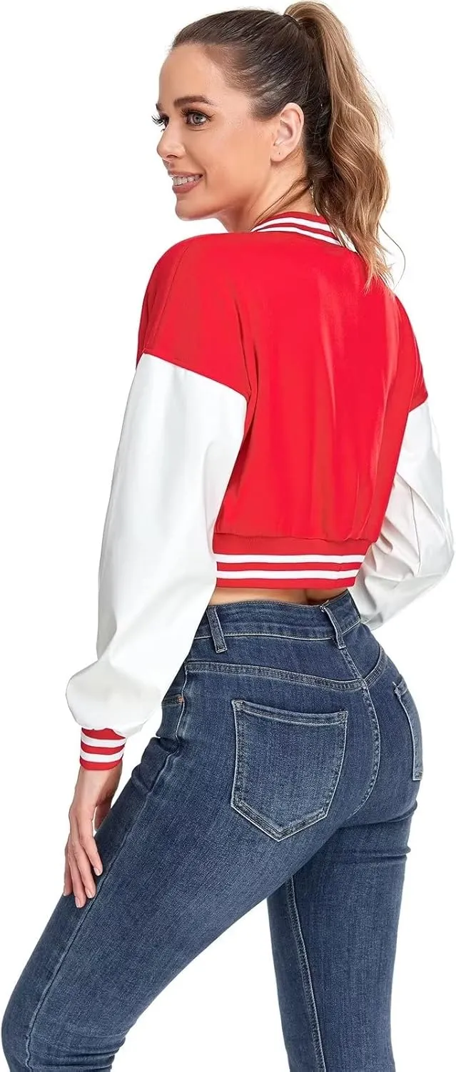 babyhealthy Womens Crop Varsity Jacket Stitched Leather Baseball Bomber Jacket Y2K Streetwear Short Coat