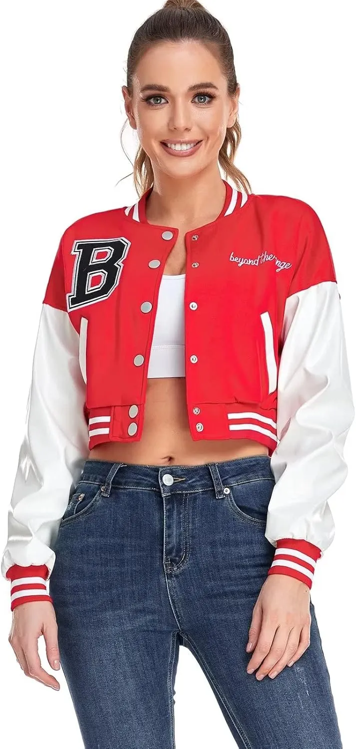 babyhealthy Womens Crop Varsity Jacket Stitched Leather Baseball Bomber Jacket Y2K Streetwear Short Coat