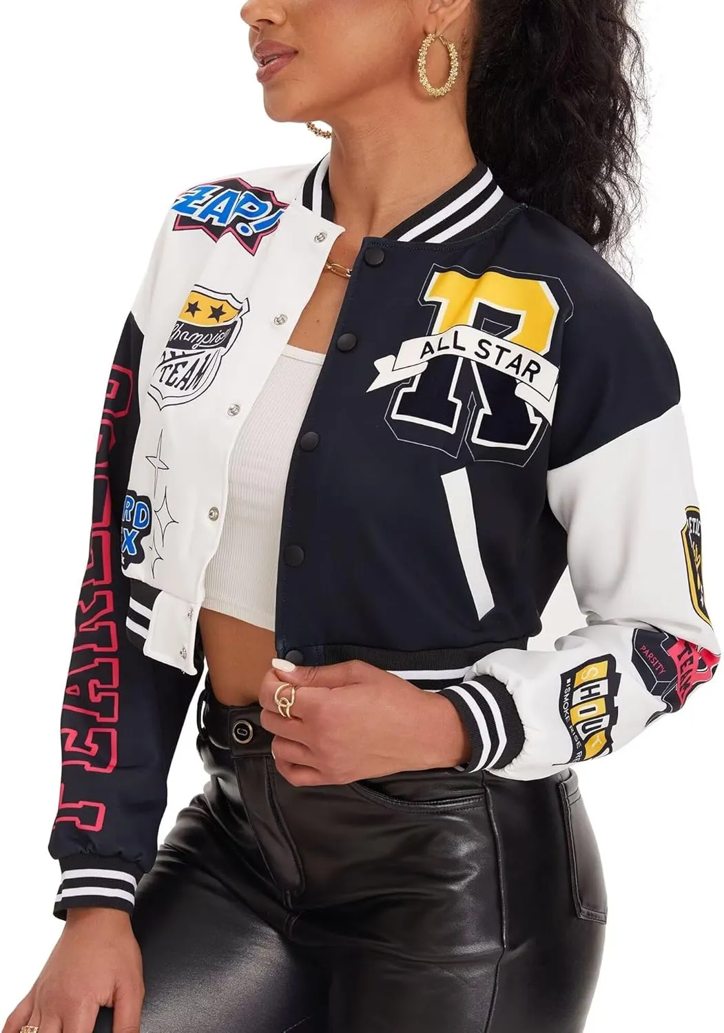 babyhealthy Womens Crop Varsity Jacket Stitched Leather Baseball Bomber Jacket Y2K Streetwear Short Coat