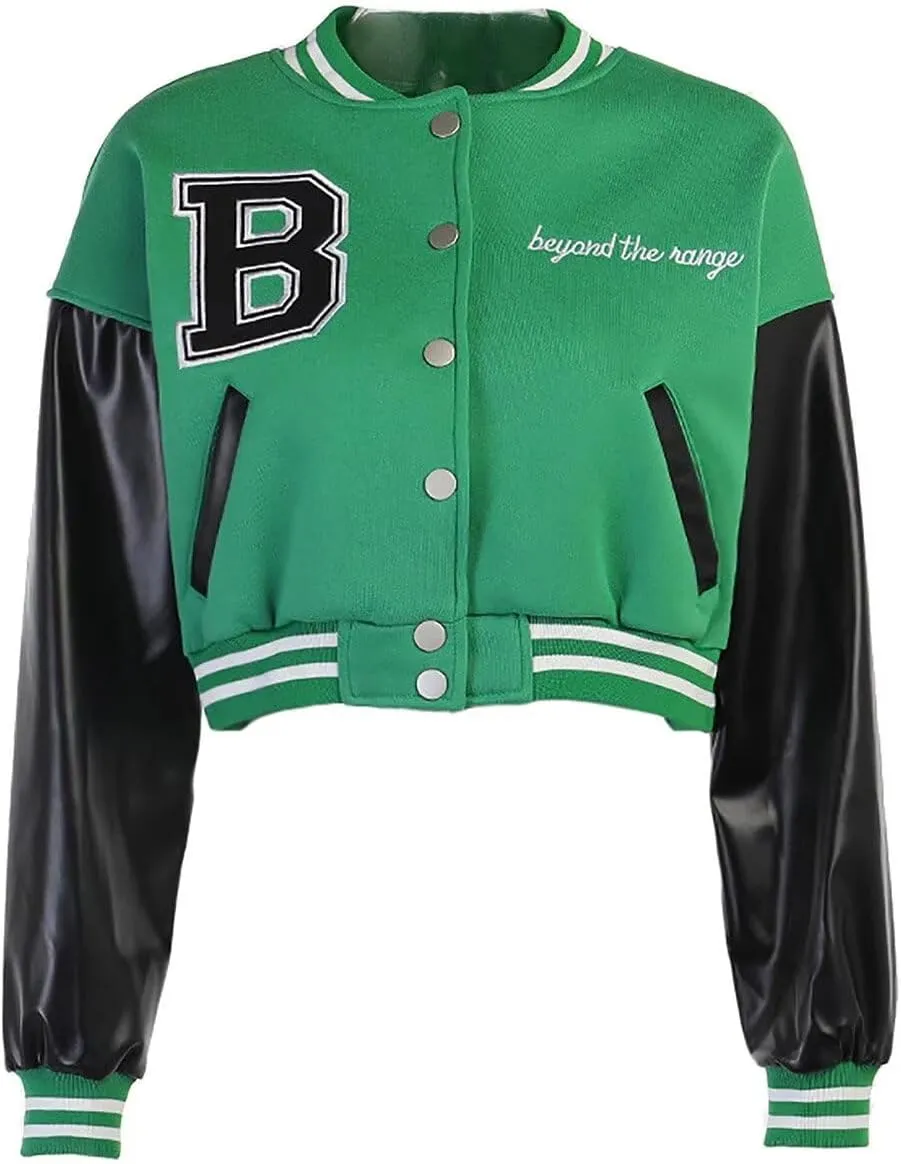 babyhealthy Womens Crop Varsity Jacket Stitched Leather Baseball Bomber Jacket Y2K Streetwear Short Coat