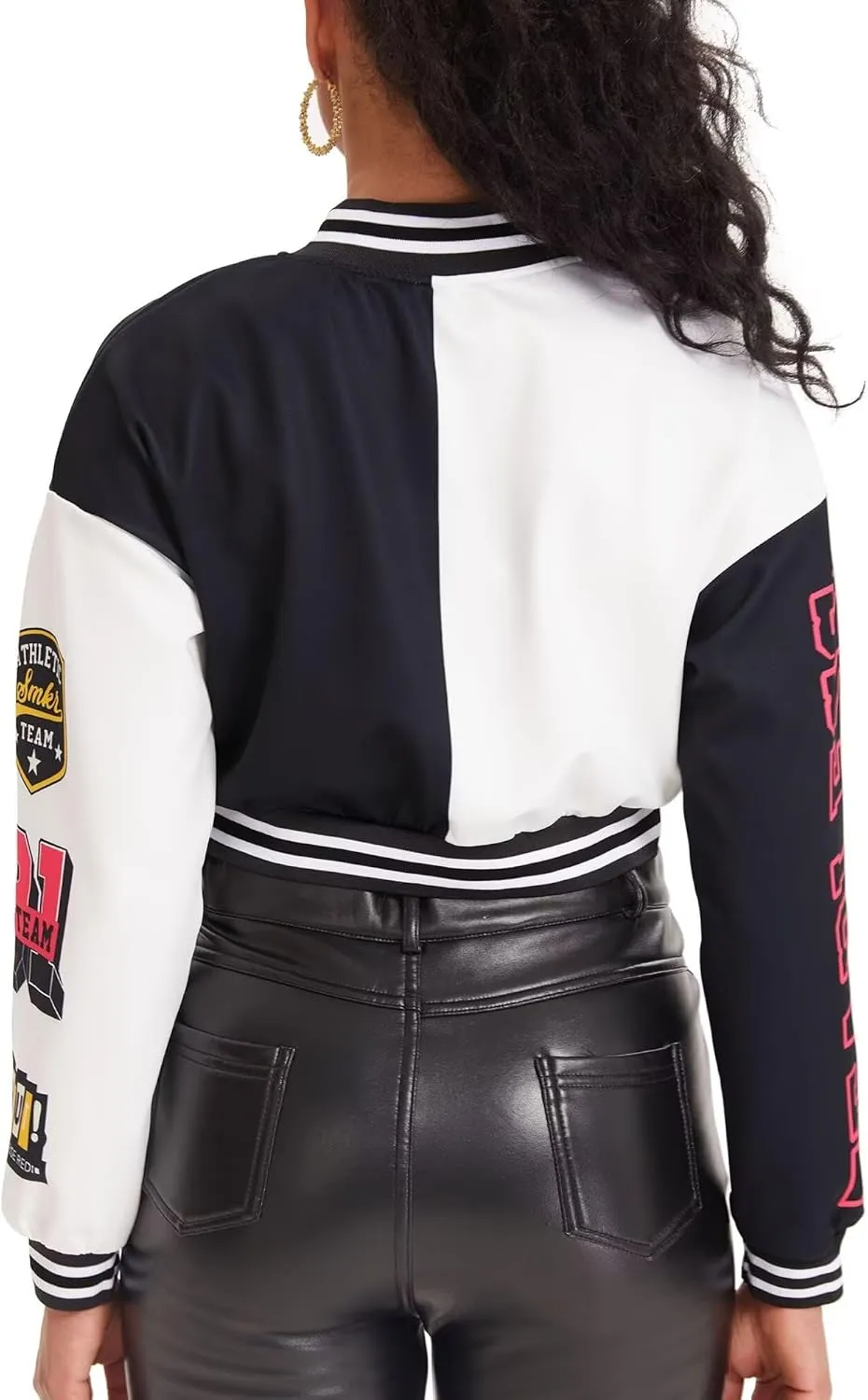 babyhealthy Womens Crop Varsity Jacket Stitched Leather Baseball Bomber Jacket Y2K Streetwear Short Coat
