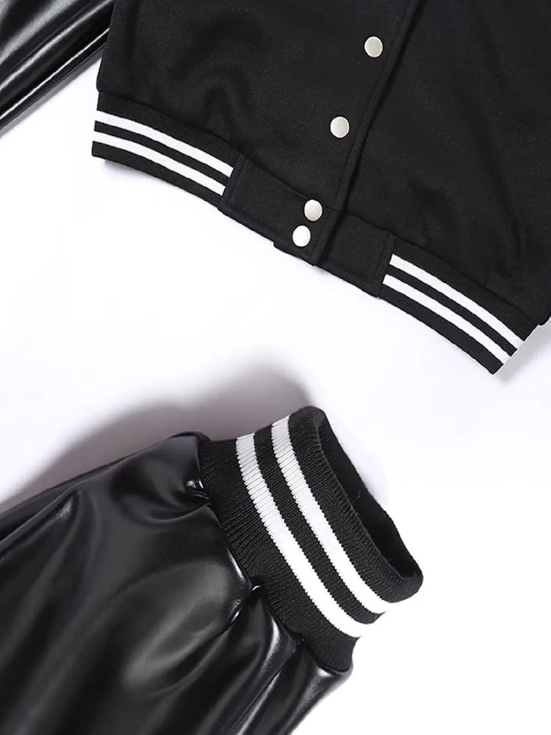 babyhealthy Womens Crop Varsity Jacket Stitched Leather Baseball Bomber Jacket Y2K Streetwear Short Coat
