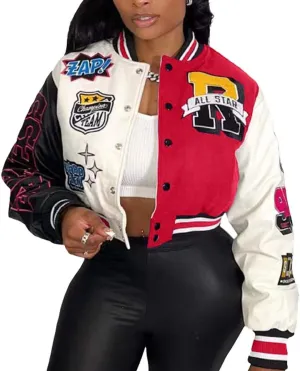 babyhealthy Womens Crop Varsity Jacket Stitched Leather Baseball Bomber Jacket Y2K Streetwear Short Coat