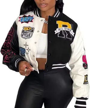 babyhealthy Womens Crop Varsity Jacket Stitched Leather Baseball Bomber Jacket Y2K Streetwear Short Coat