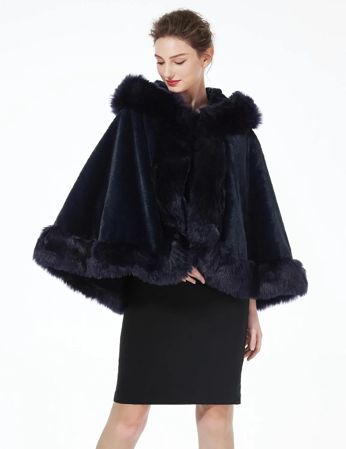 BEAUTELICATE Women's Party Faux Fox Fur Long Shawl Cloak Hooded Cape Coat