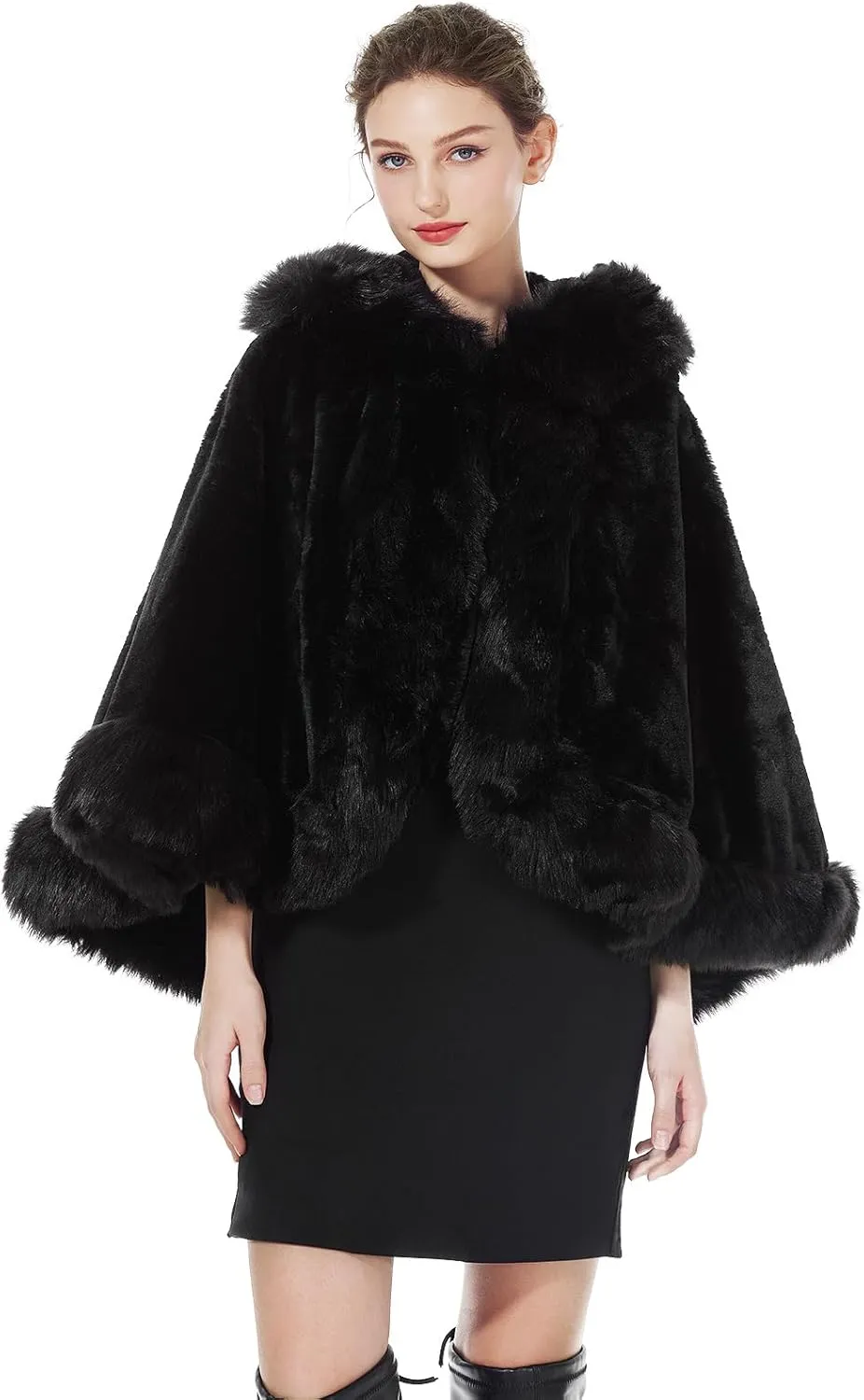 BEAUTELICATE Women's Party Faux Fox Fur Long Shawl Cloak Hooded Cape Coat
