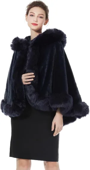 BEAUTELICATE Women's Party Faux Fox Fur Long Shawl Cloak Hooded Cape Coat