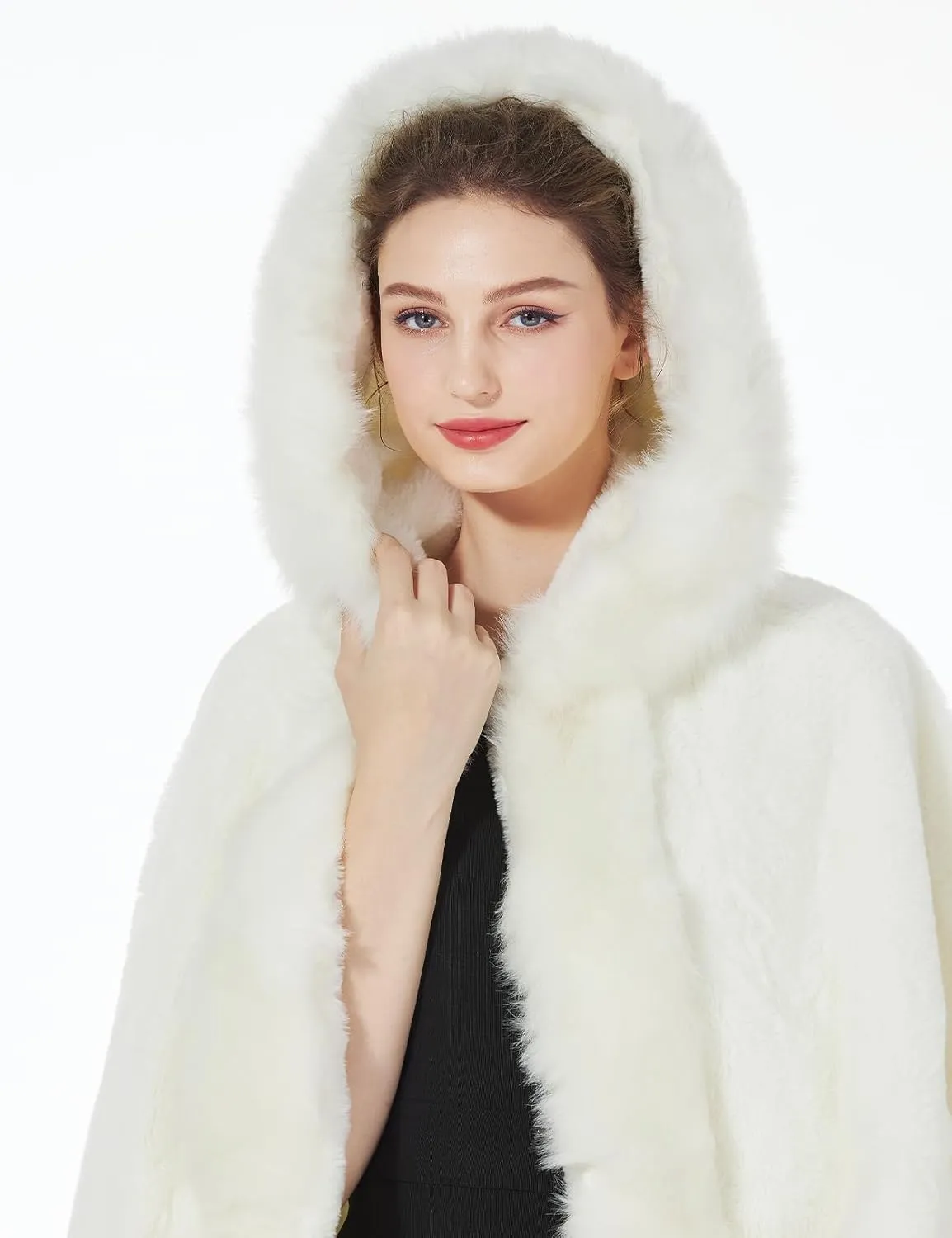 BEAUTELICATE Women's Party Faux Fox Fur Long Shawl Cloak Hooded Cape Coat
