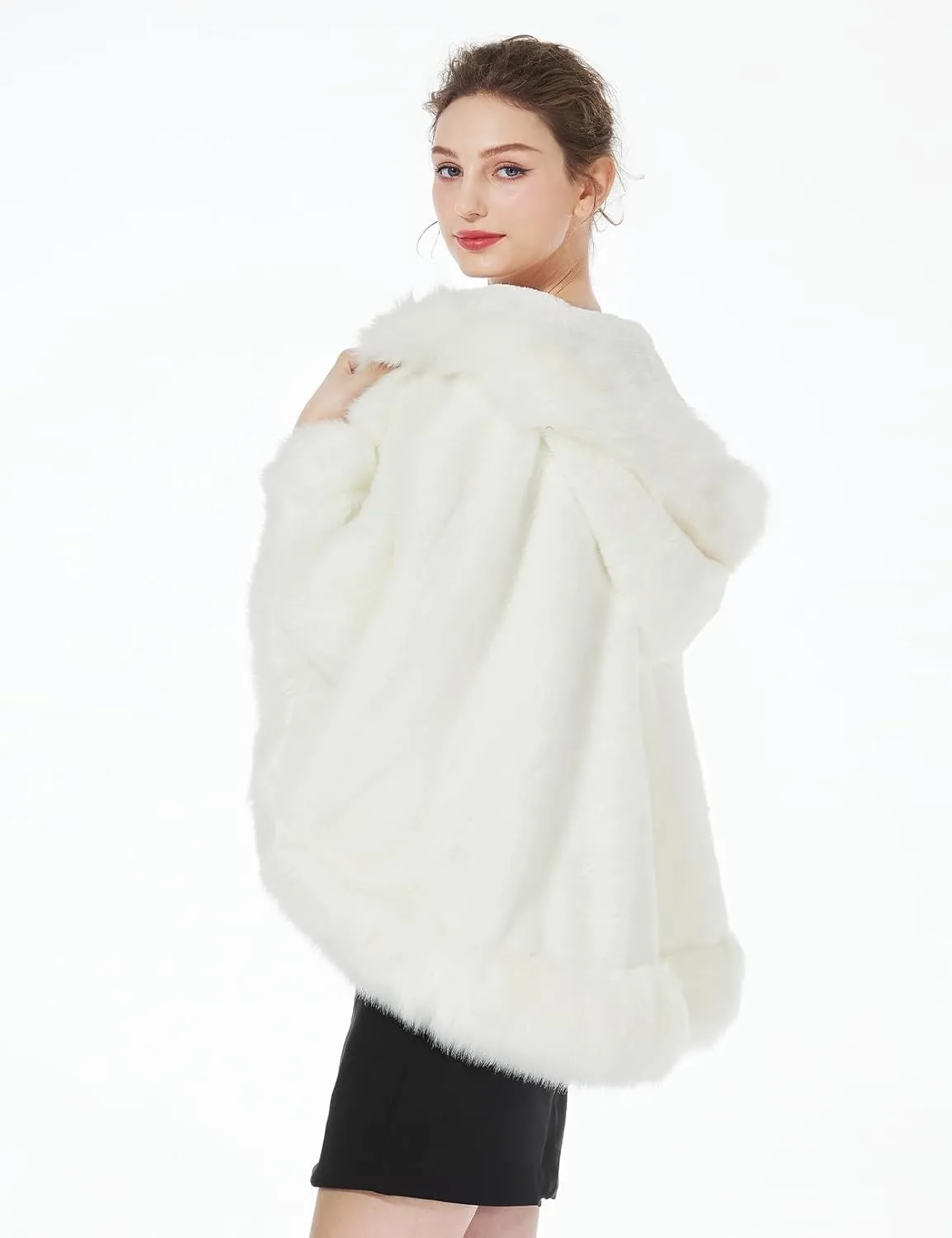 BEAUTELICATE Women's Party Faux Fox Fur Long Shawl Cloak Hooded Cape Coat