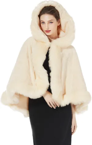 BEAUTELICATE Women's Party Faux Fox Fur Long Shawl Cloak Hooded Cape Coat