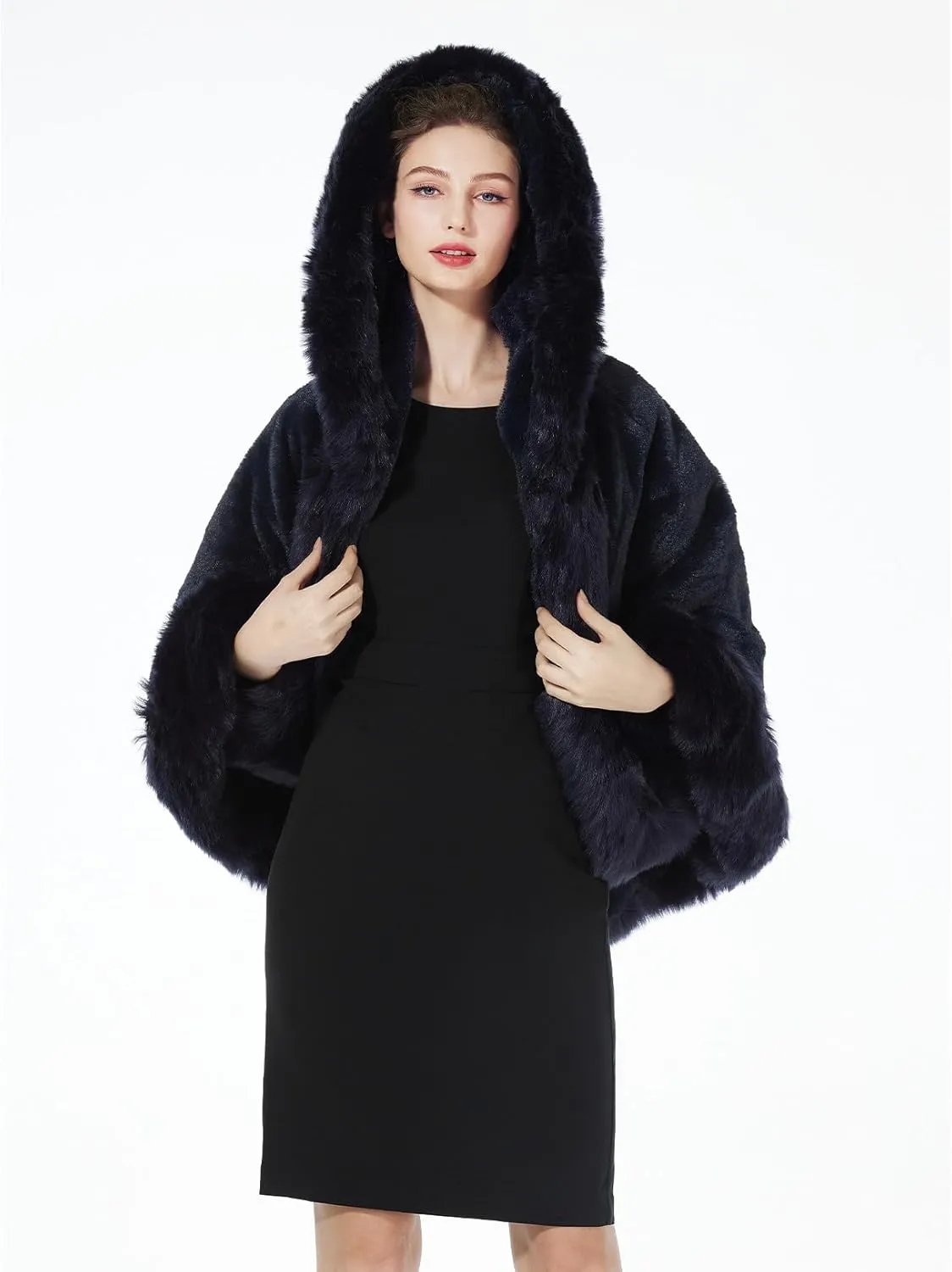 BEAUTELICATE Women's Party Faux Fox Fur Long Shawl Cloak Hooded Cape Coat