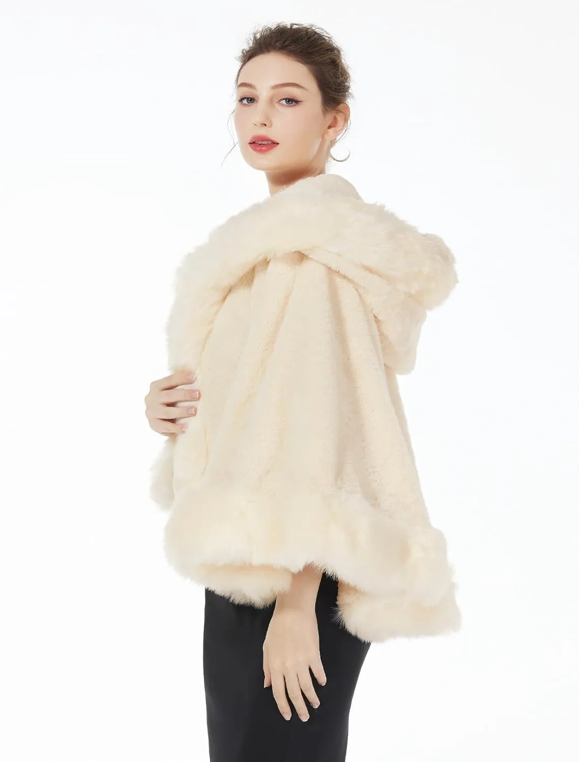 BEAUTELICATE Women's Party Faux Fox Fur Long Shawl Cloak Hooded Cape Coat