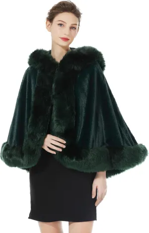BEAUTELICATE Women's Party Faux Fox Fur Long Shawl Cloak Hooded Cape Coat