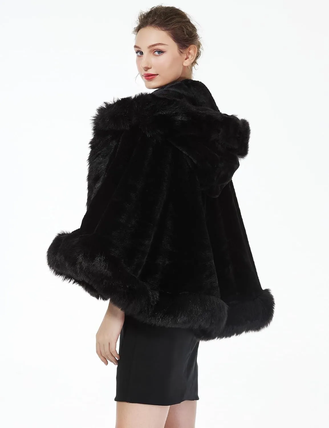 BEAUTELICATE Women's Party Faux Fox Fur Long Shawl Cloak Hooded Cape Coat