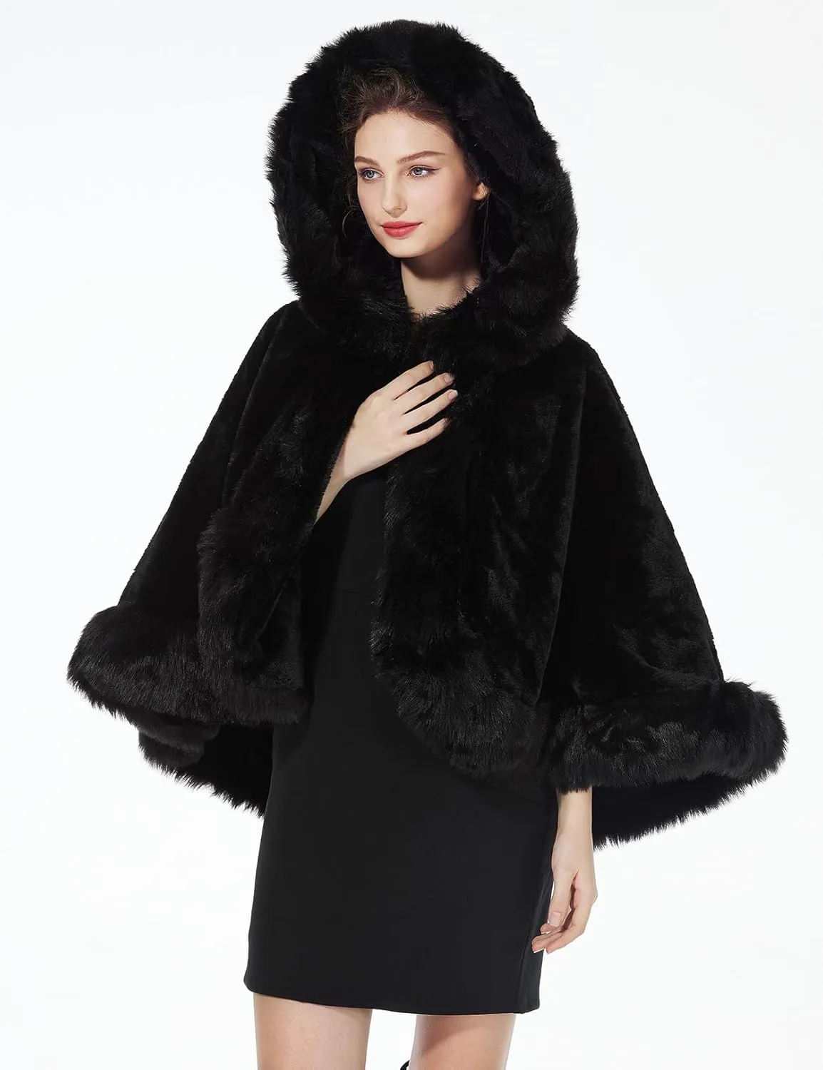 BEAUTELICATE Women's Party Faux Fox Fur Long Shawl Cloak Hooded Cape Coat