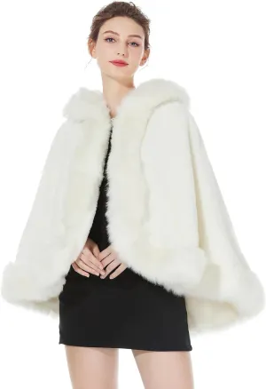 BEAUTELICATE Women's Party Faux Fox Fur Long Shawl Cloak Hooded Cape Coat