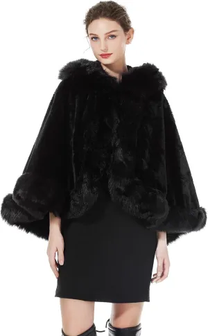 BEAUTELICATE Women's Party Faux Fox Fur Long Shawl Cloak Hooded Cape Coat