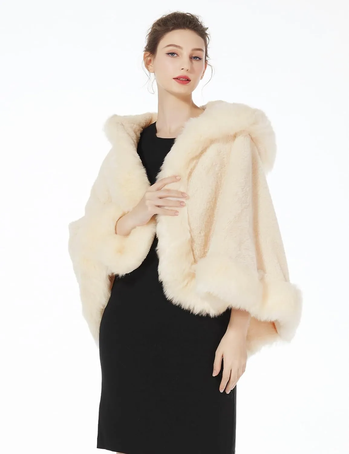 BEAUTELICATE Women's Party Faux Fox Fur Long Shawl Cloak Hooded Cape Coat