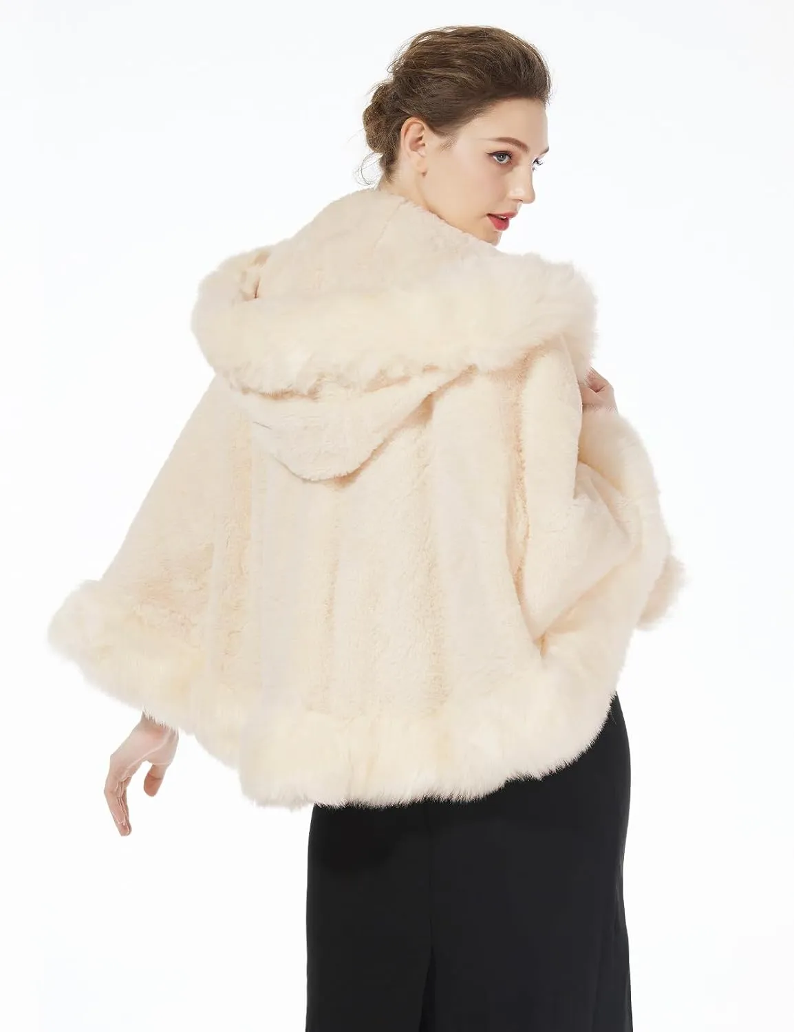 BEAUTELICATE Women's Party Faux Fox Fur Long Shawl Cloak Hooded Cape Coat