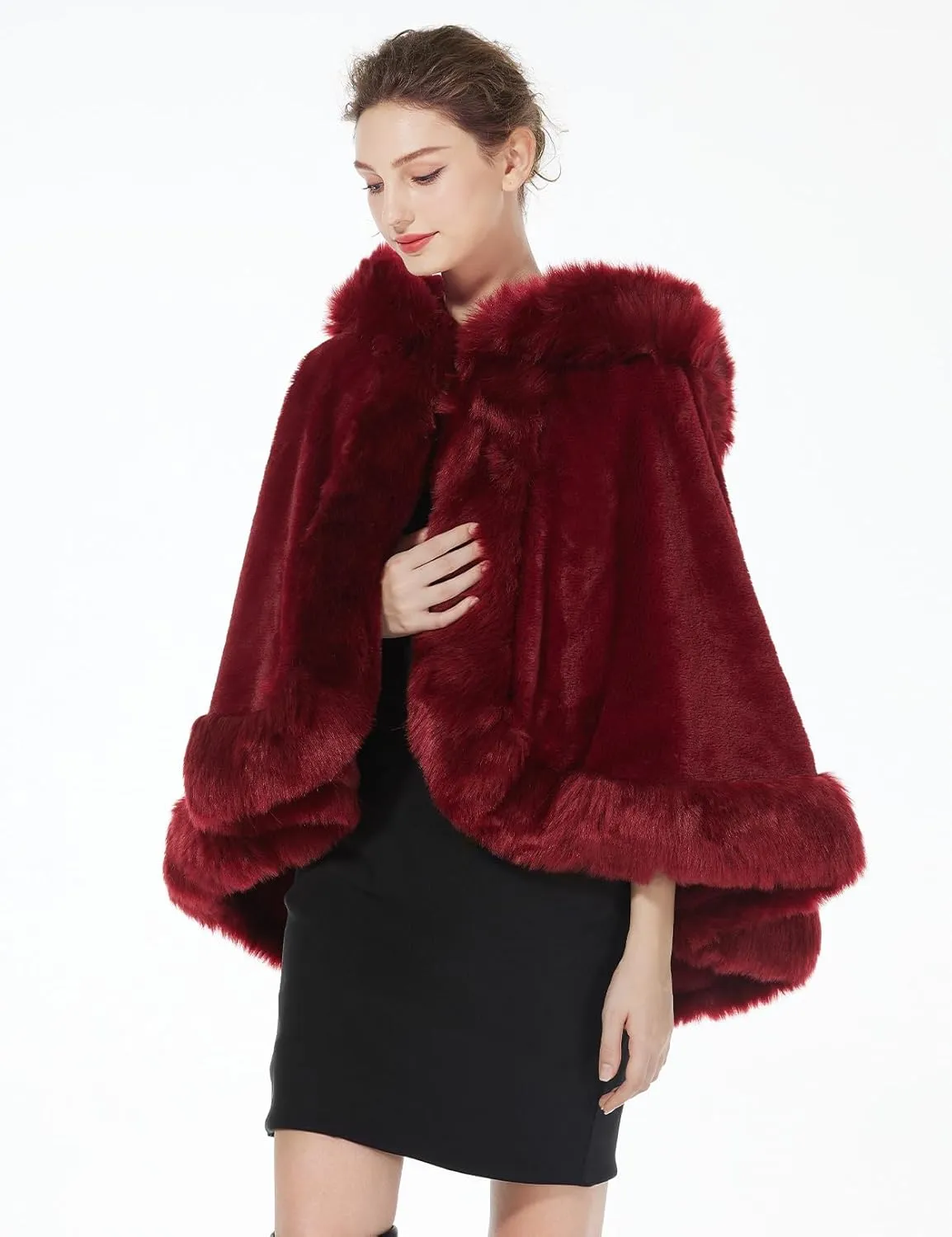 BEAUTELICATE Women's Party Faux Fox Fur Long Shawl Cloak Hooded Cape Coat