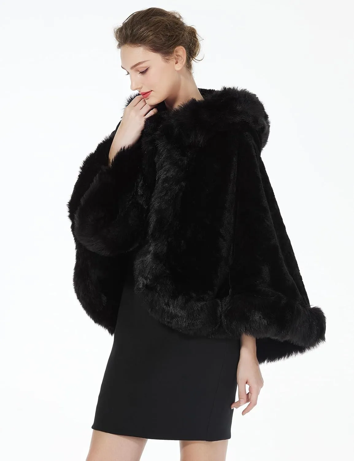 BEAUTELICATE Women's Party Faux Fox Fur Long Shawl Cloak Hooded Cape Coat