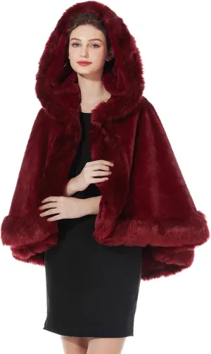 BEAUTELICATE Women's Party Faux Fox Fur Long Shawl Cloak Hooded Cape Coat